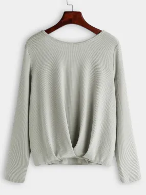 Custom Round Neck Plain Backless Pleated Long Sleeve Grey T-Shirts