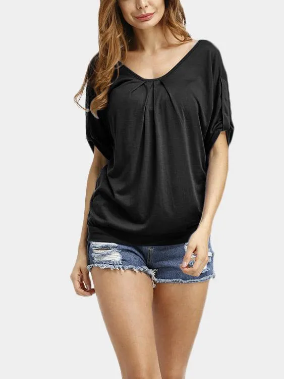 Custom Round Neck Plain Cut Out Pleated 3/4 Sleeve Black T-Shirts