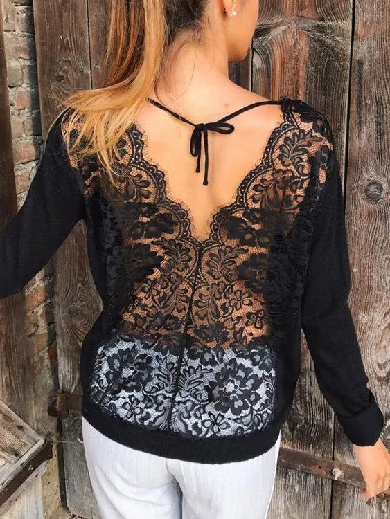 Custom Round Neck Plain Lace Backless Long Sleeve Black T-Shirts