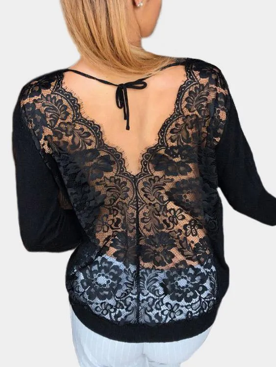 Custom Round Neck Plain Lace Backless Long Sleeve Black T-Shirts