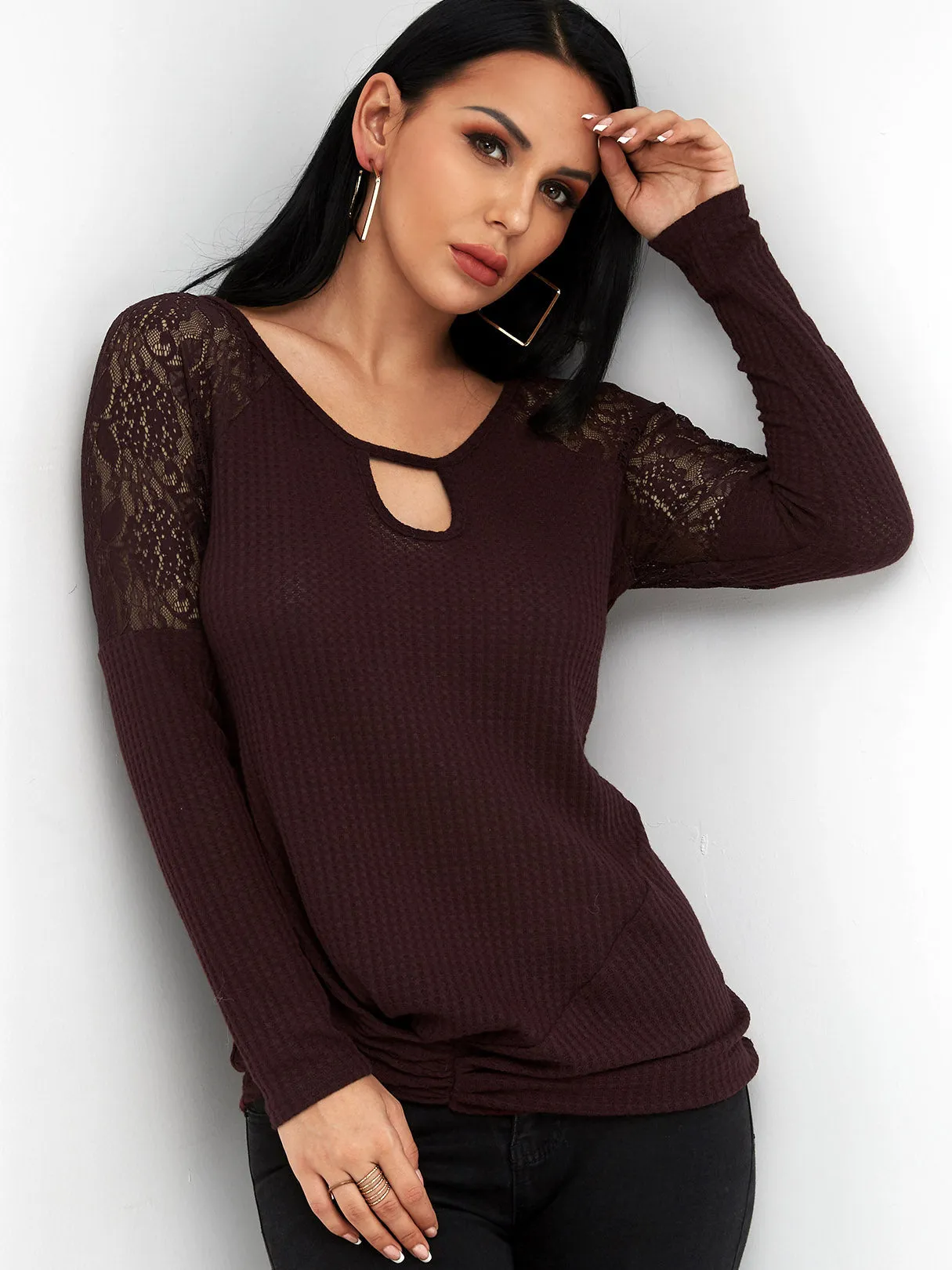 Custom Round Neck Plain Lace Cut Out Long Sleeve Burgundy T-Shirts