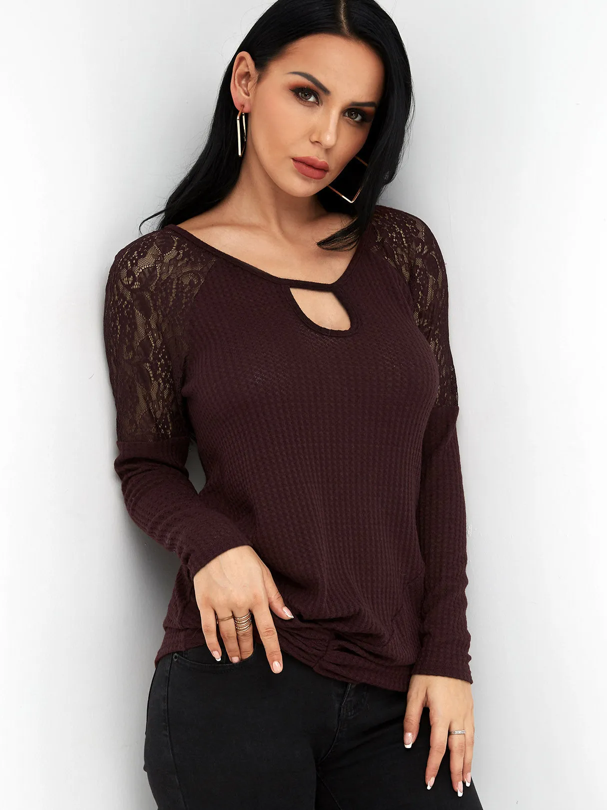 Custom Round Neck Plain Lace Cut Out Long Sleeve Burgundy T-Shirts