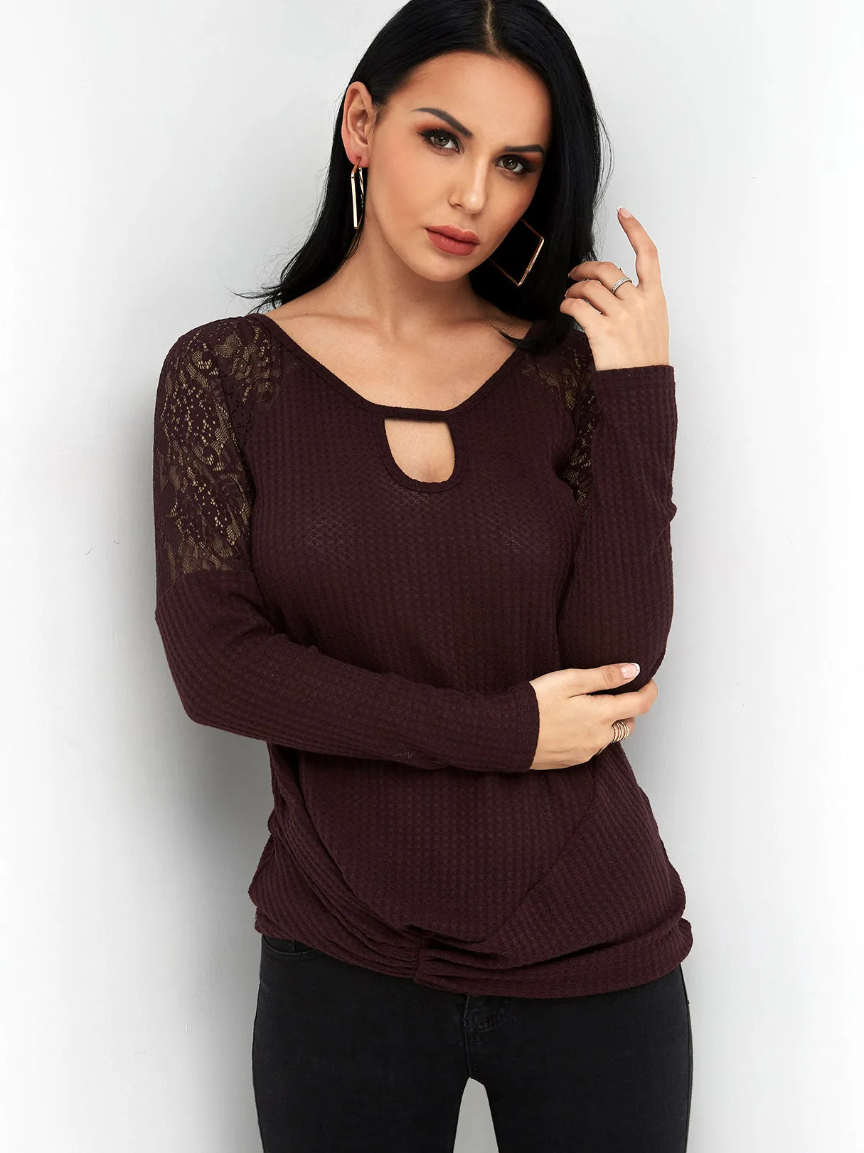 Custom Round Neck Plain Lace Cut Out Long Sleeve Burgundy T-Shirts