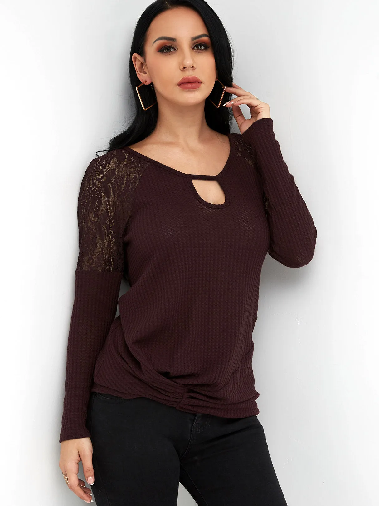 Custom Round Neck Plain Lace Cut Out Long Sleeve Burgundy T-Shirts