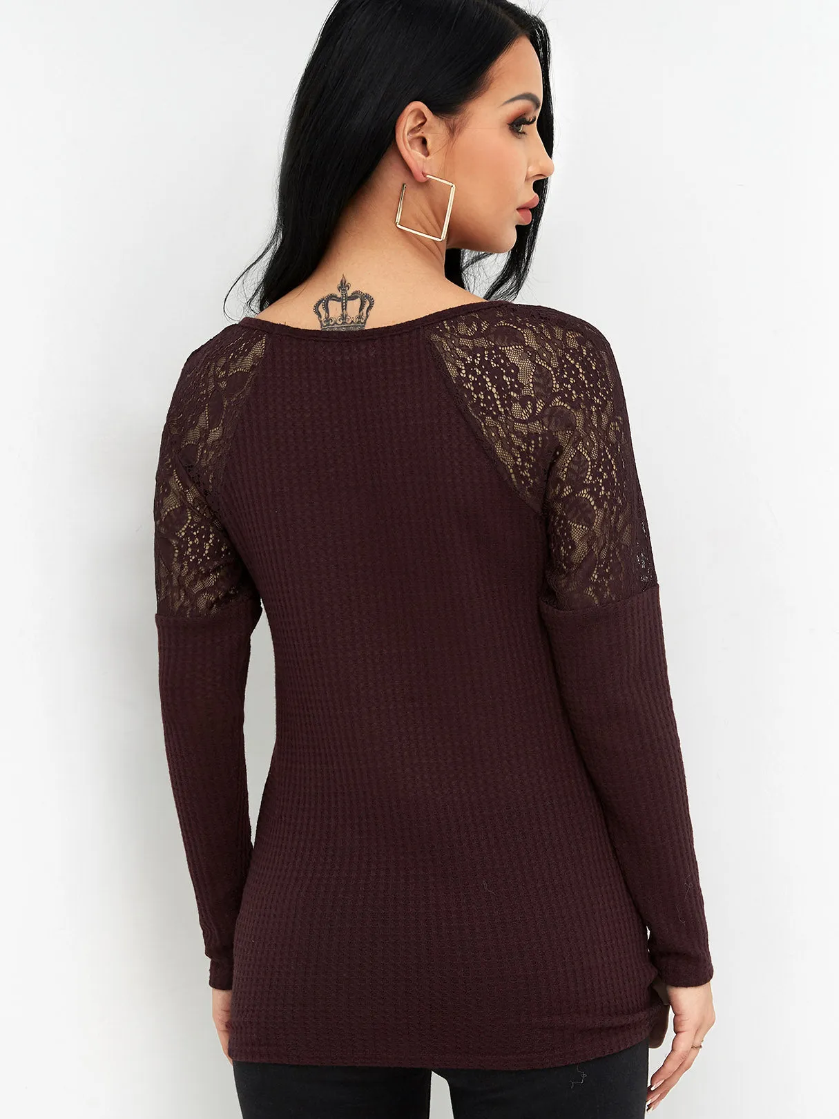 Custom Round Neck Plain Lace Cut Out Long Sleeve Burgundy T-Shirts