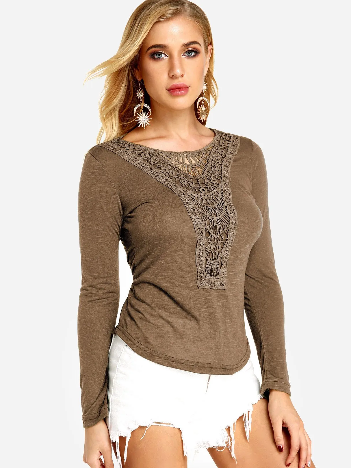 Custom Round Neck Plain Lace Long Sleeve Fashion T-Shirt