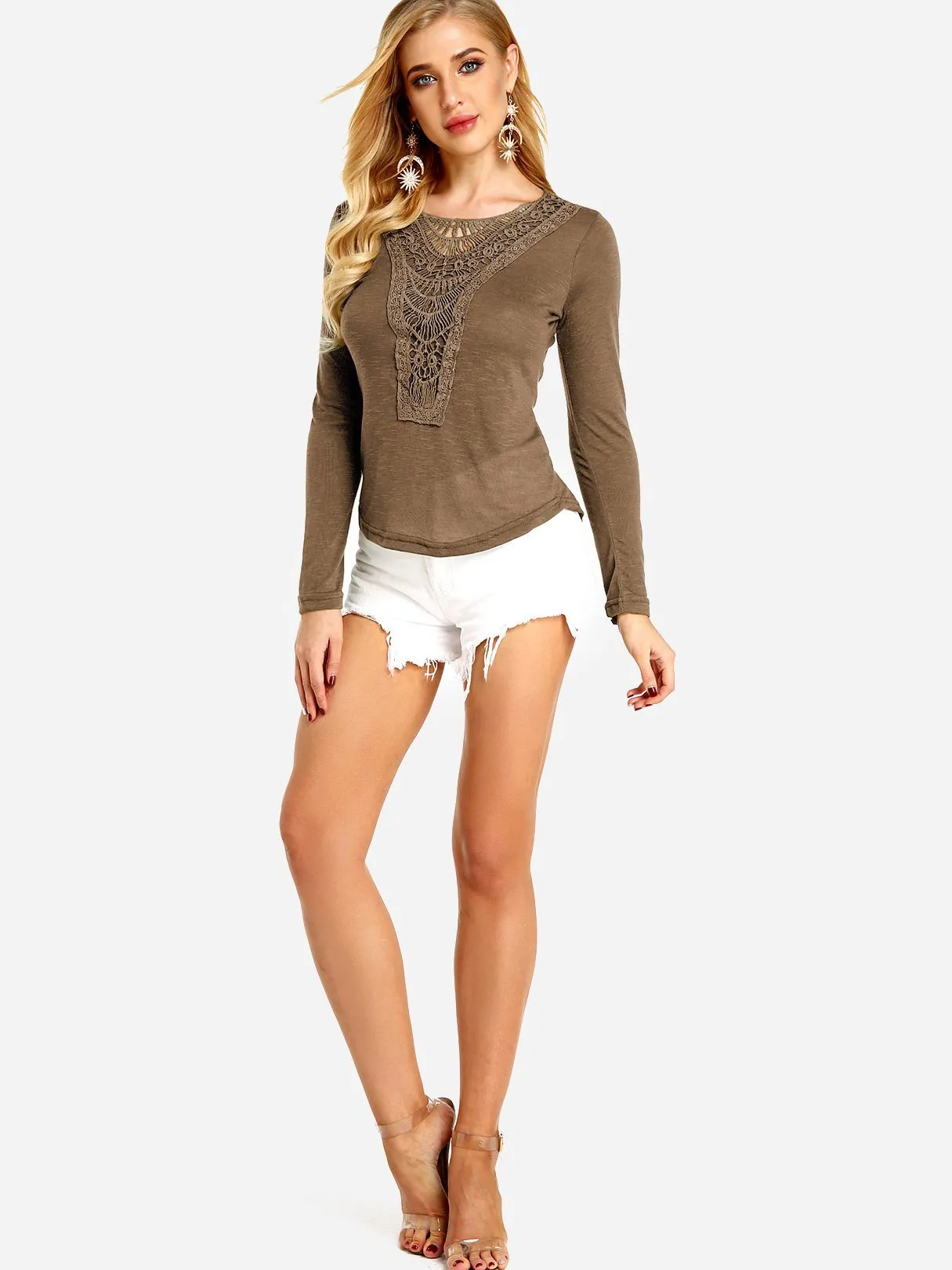 Custom Round Neck Plain Lace Long Sleeve Fashion T-Shirt