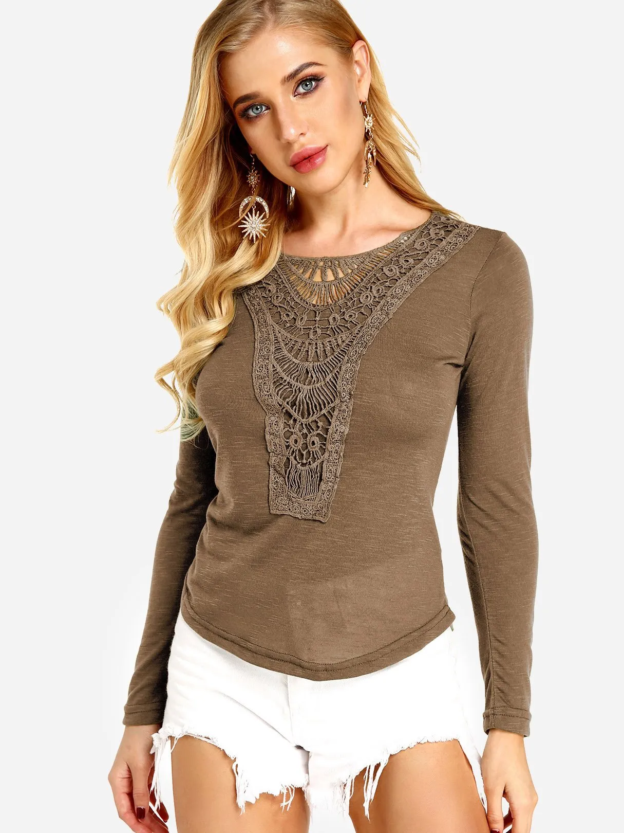 Custom Round Neck Plain Lace Long Sleeve Fashion T-Shirt