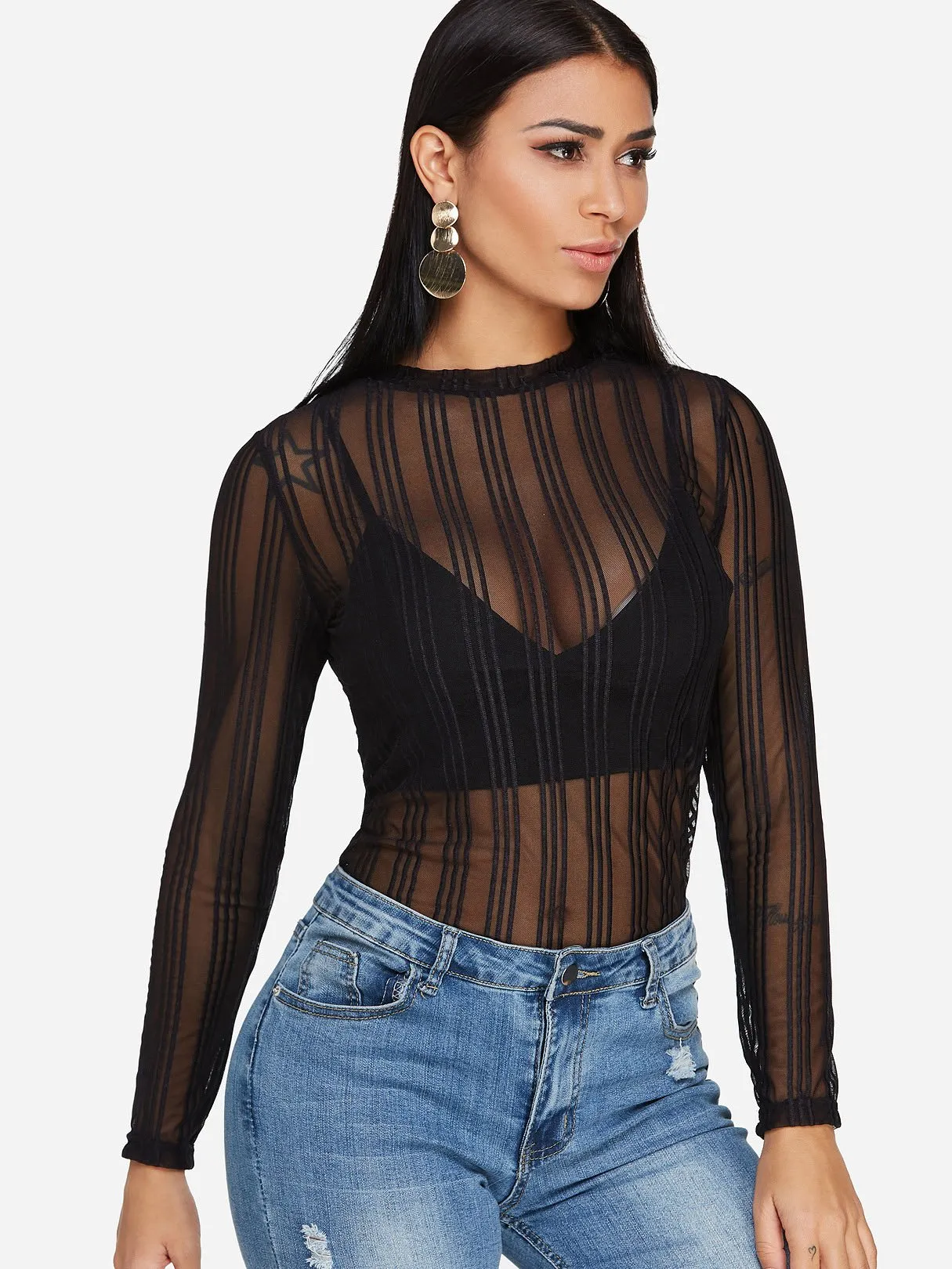 Custom Round Neck Plain Lace See Through Long Sleeve Black T-Shirts