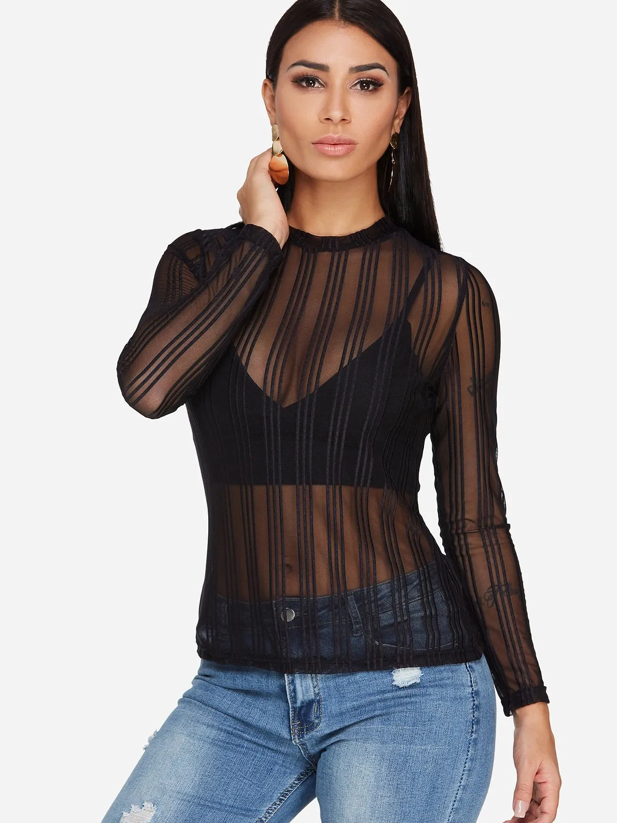 Custom Round Neck Plain Lace See Through Long Sleeve Black T-Shirts