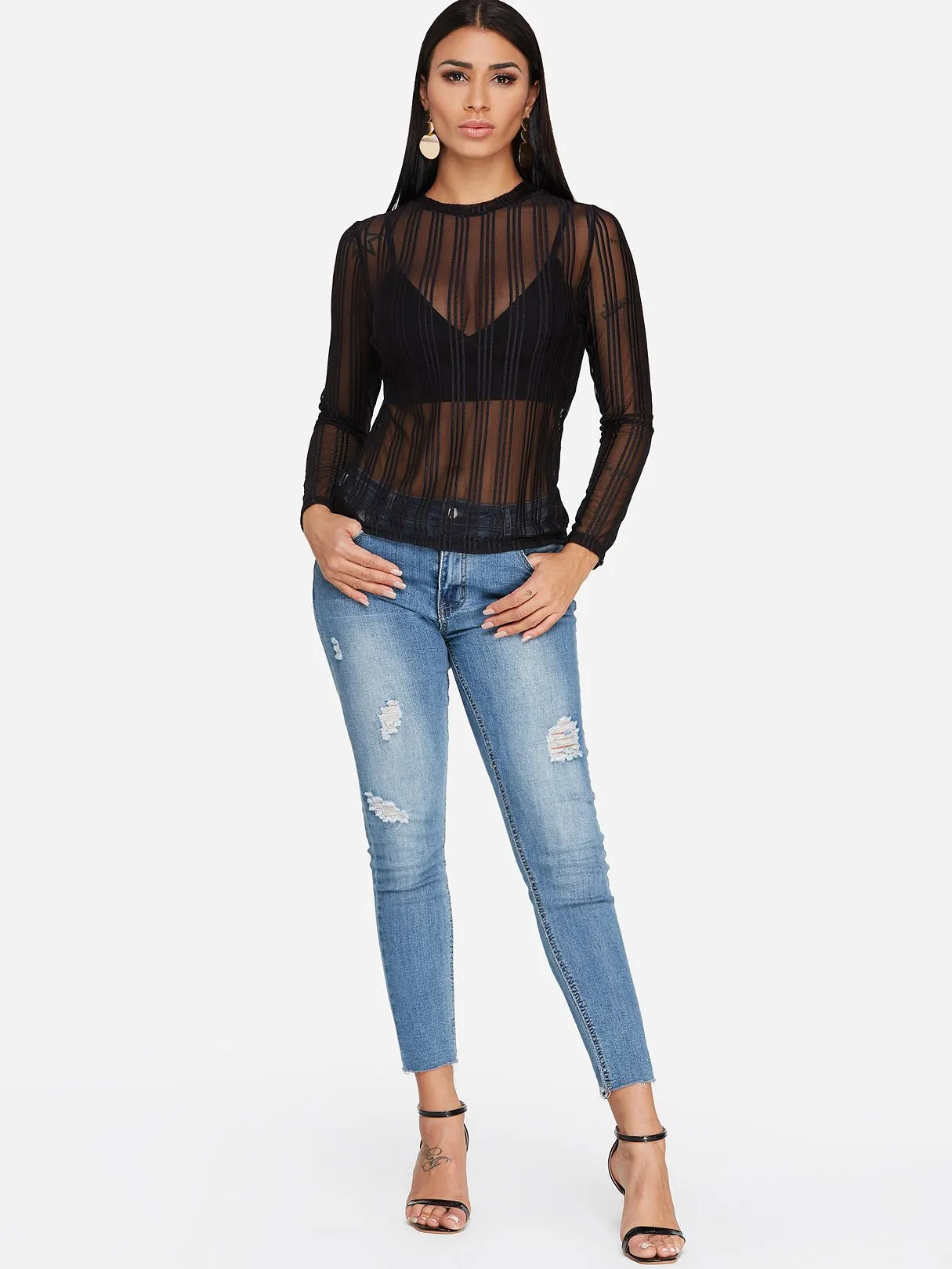 Custom Round Neck Plain Lace See Through Long Sleeve Black T-Shirts