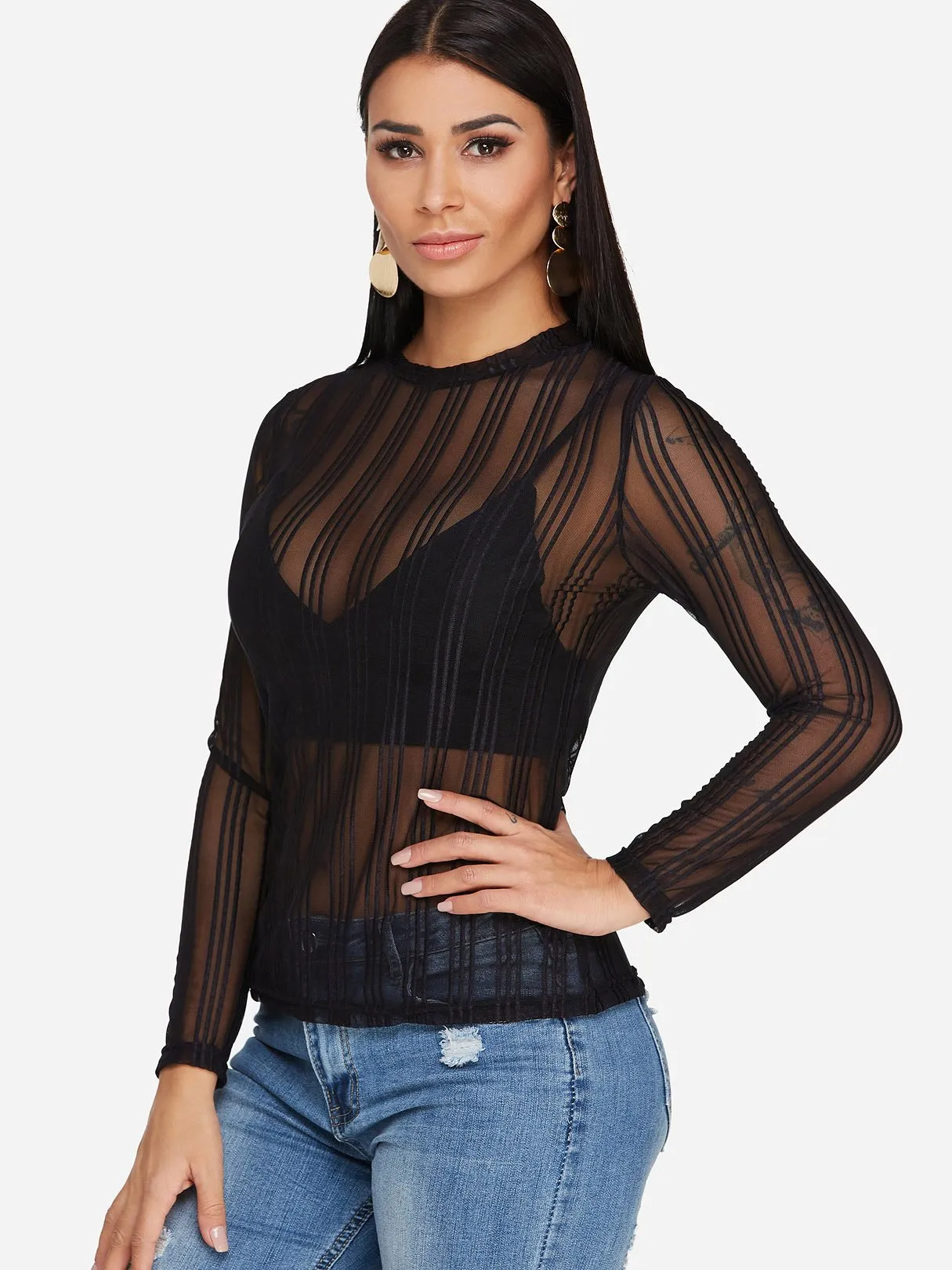 Custom Round Neck Plain Lace See Through Long Sleeve Black T-Shirts