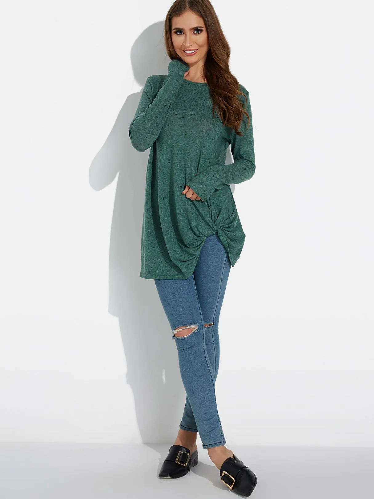 Custom Round Neck Plain Long Sleeve Irregular Hem Tee