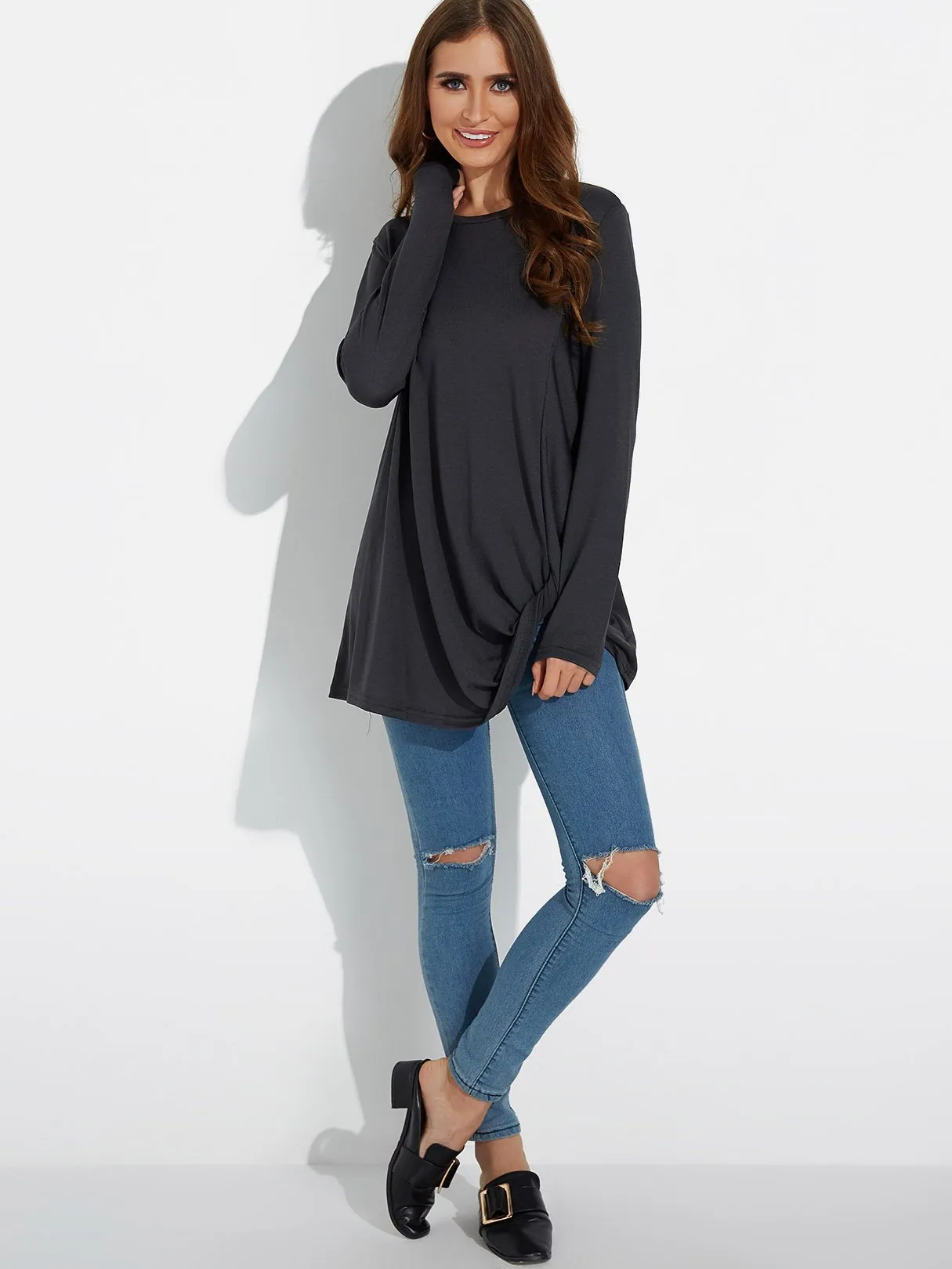 Custom Round Neck Plain Long Sleeve Irregular Hem Tee