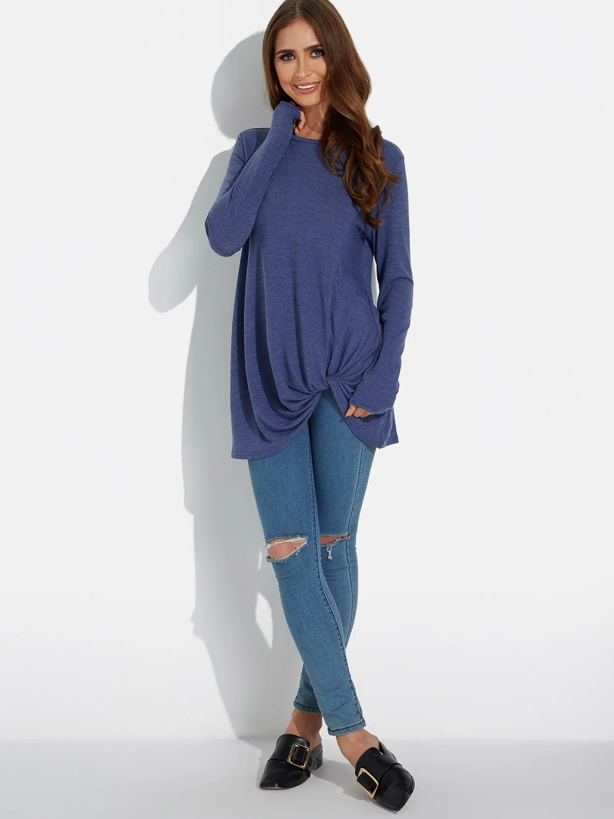 Custom Round Neck Plain Long Sleeve Irregular Hem Tee