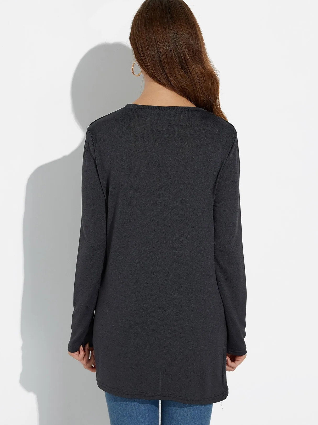 Custom Round Neck Plain Long Sleeve Irregular Hem Tee