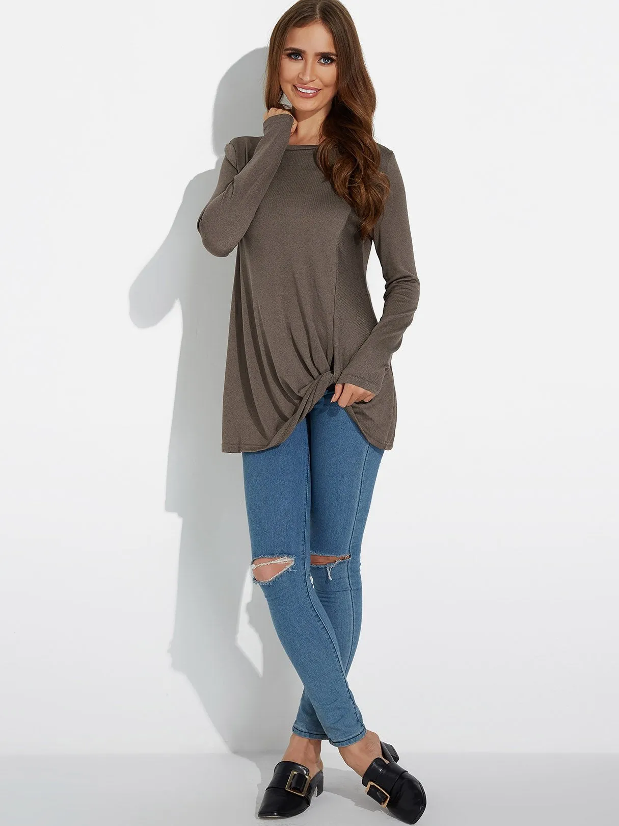 Custom Round Neck Plain Long Sleeve Irregular Hem Tee