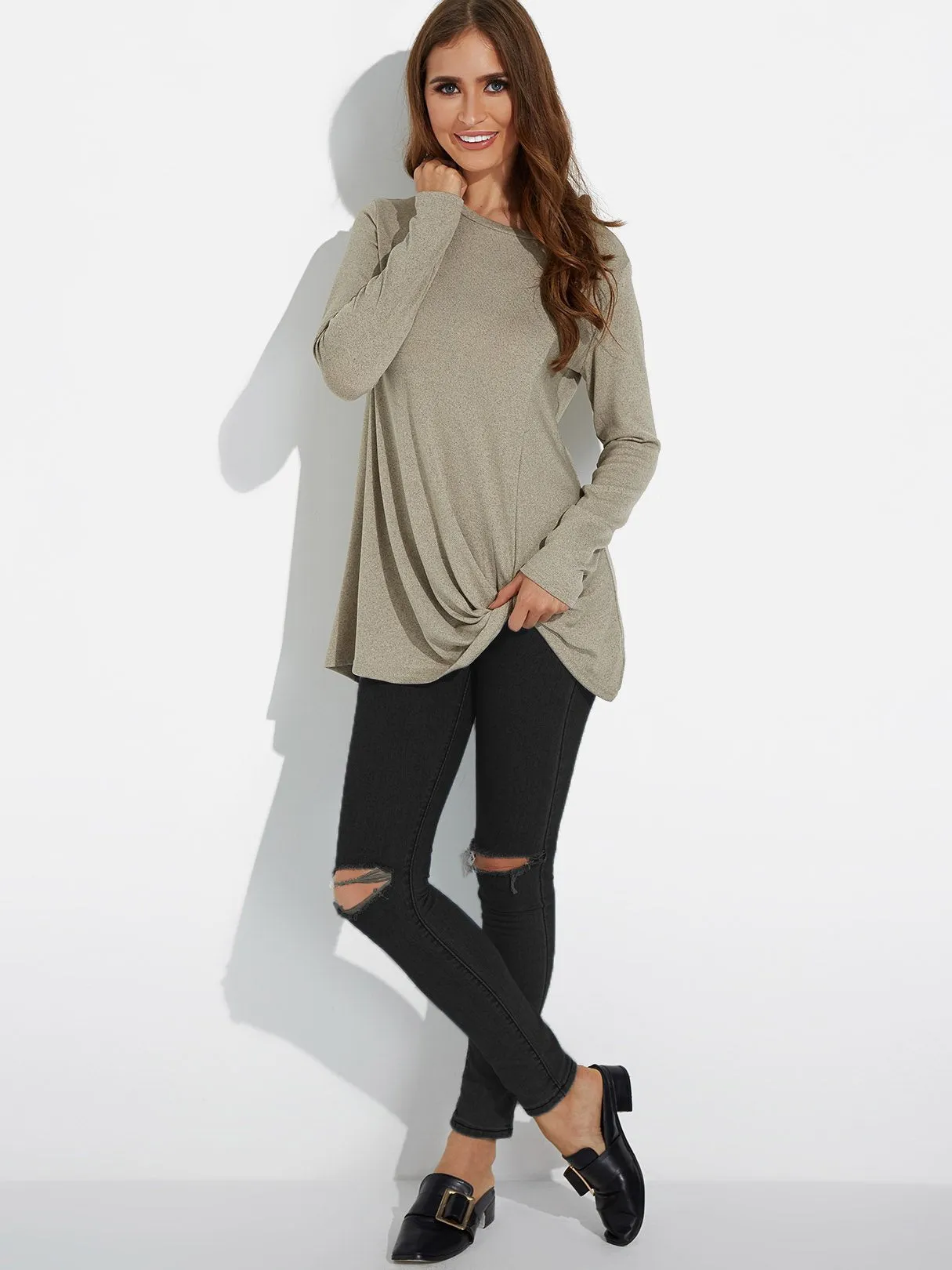 Custom Round Neck Plain Long Sleeve Irregular Hem Tee