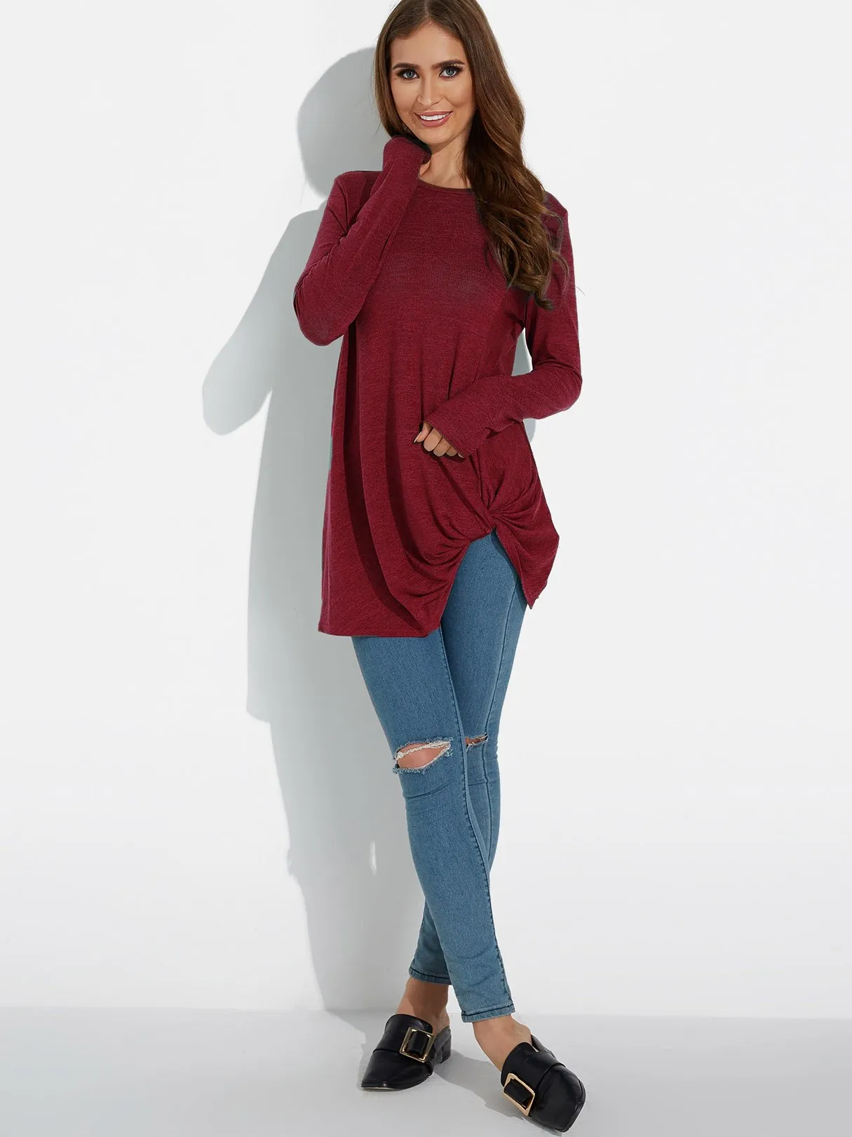 Custom Round Neck Plain Long Sleeve Irregular Hem Tee