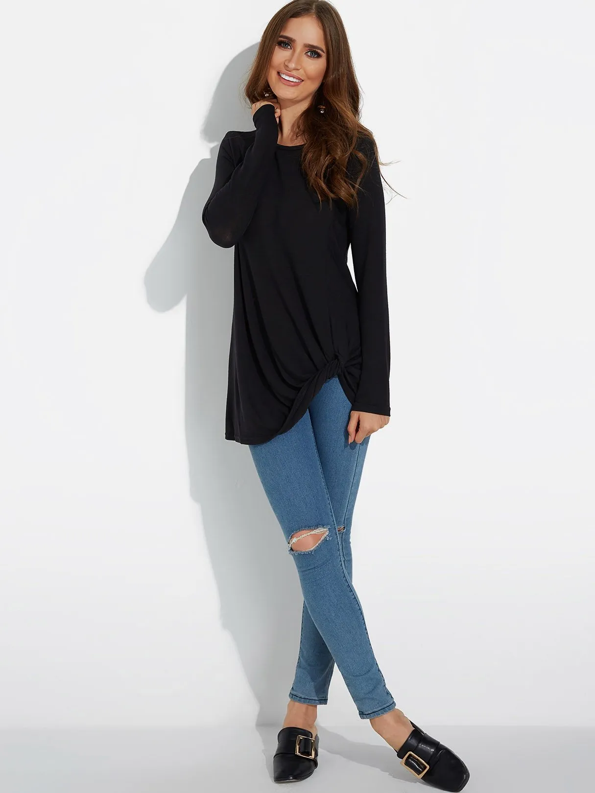 Custom Round Neck Plain Long Sleeve Irregular Hem Tee