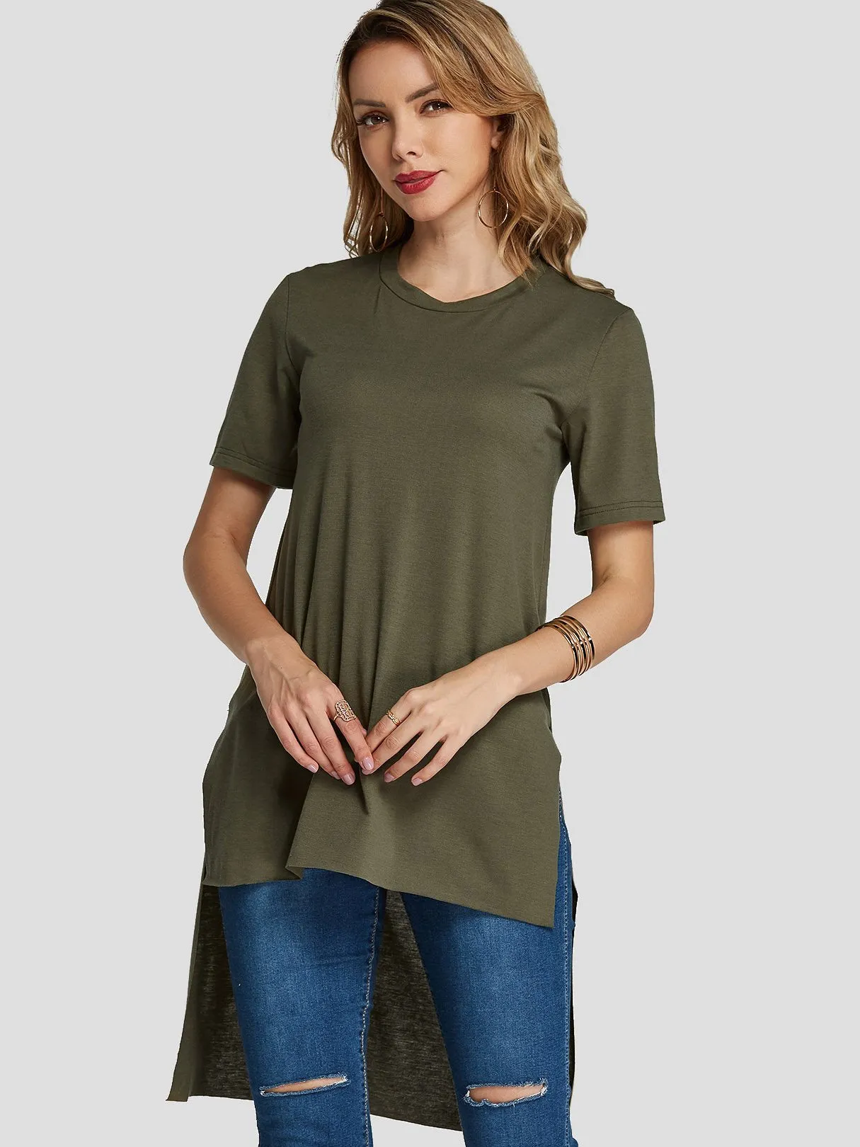 Custom Round Neck Plain Slit Short Sleeve High-Low Hem Army Green T-Shirts