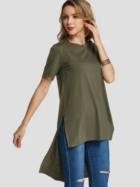 Custom Round Neck Plain Slit Short Sleeve High-Low Hem Army Green T-Shirts