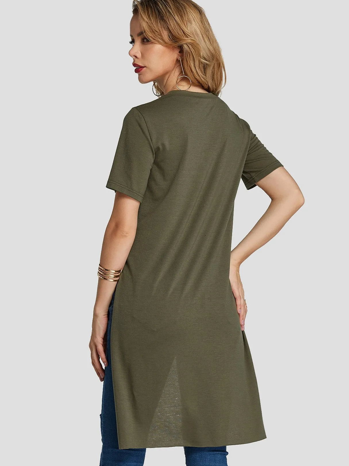 Custom Round Neck Plain Slit Short Sleeve High-Low Hem Army Green T-Shirts