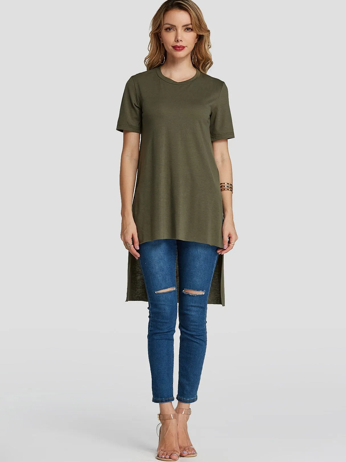 Custom Round Neck Plain Slit Short Sleeve High-Low Hem Army Green T-Shirts