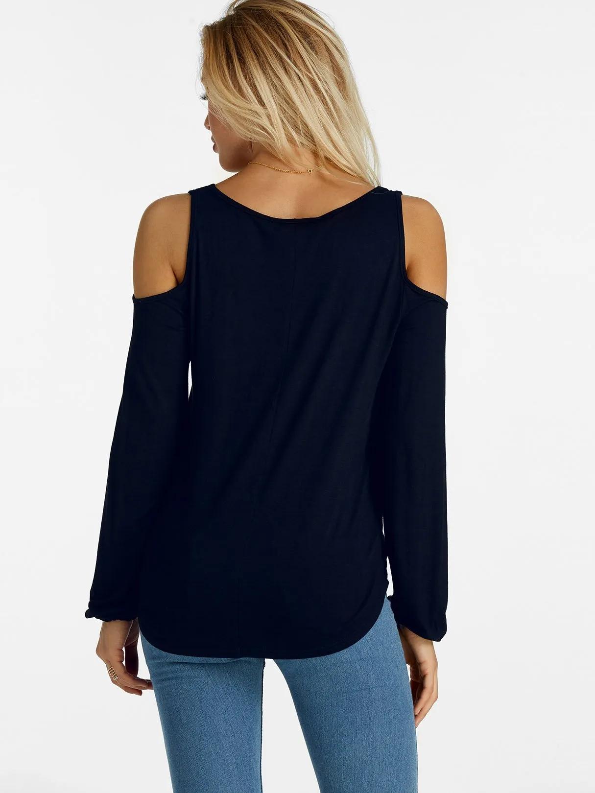 Custom V-Neck Cold Shoulder Plain Crossed Front Cut Out Pleated Long Sleeve T-Shirts