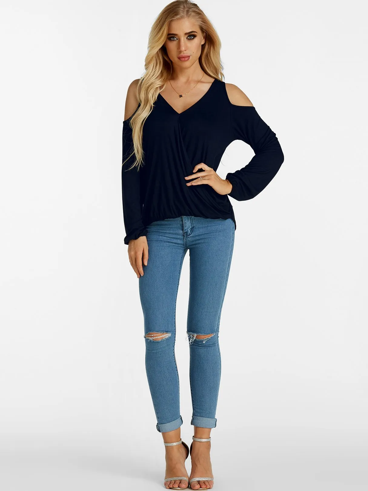 Custom V-Neck Cold Shoulder Plain Crossed Front Cut Out Pleated Long Sleeve T-Shirts