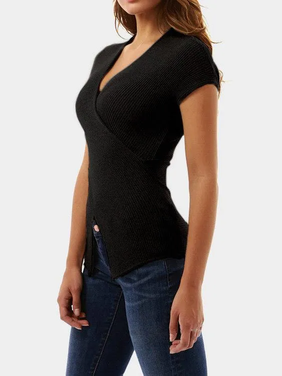 Custom V-Neck Plain Crossed Front Short Sleeve Irregular Hem Black Top