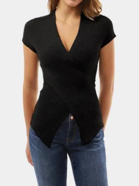 Custom V-Neck Plain Crossed Front Short Sleeve Irregular Hem Black Top