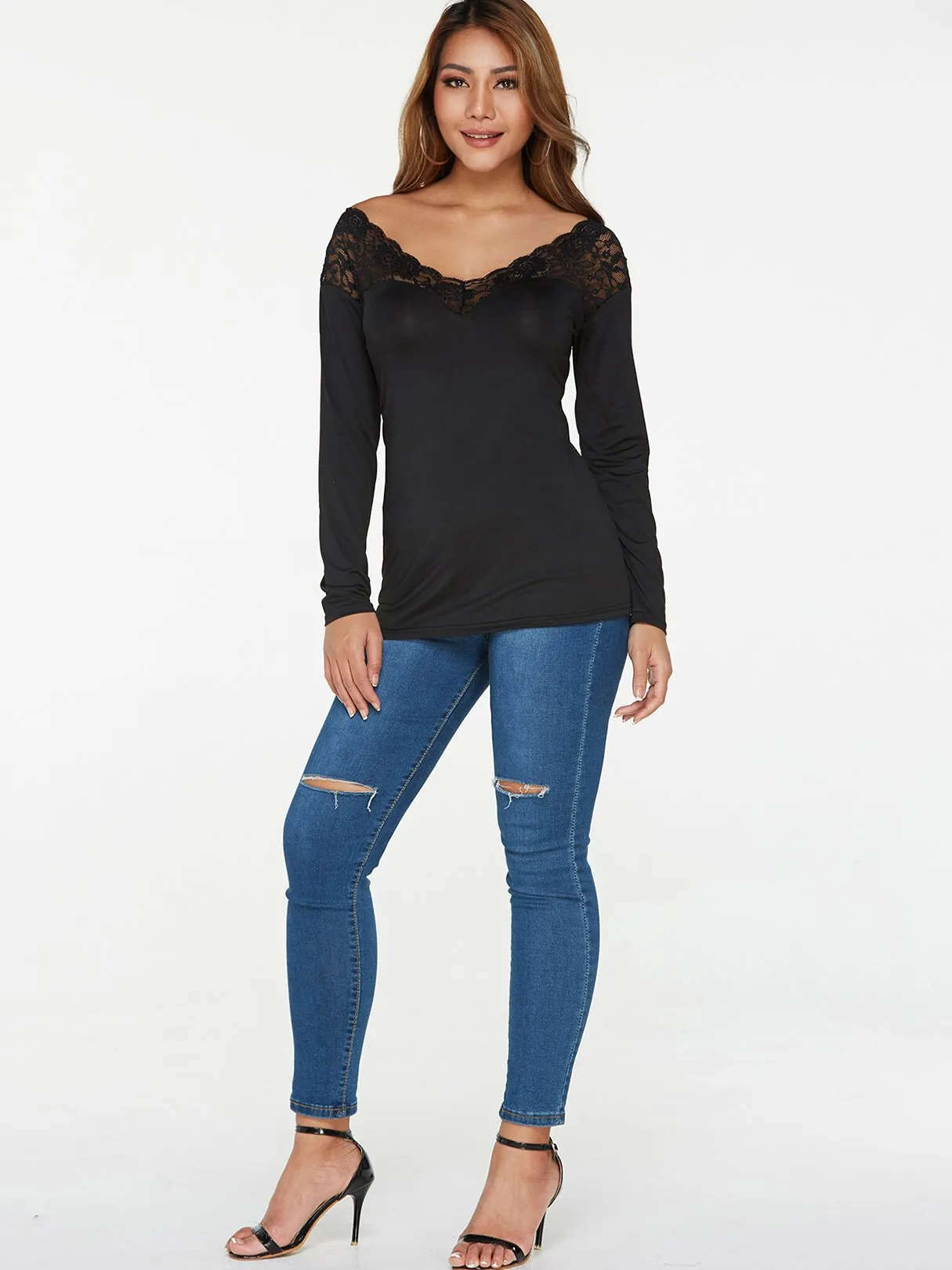 Custom V-Neck Plain Lace Long Sleeve Black T-Shirts