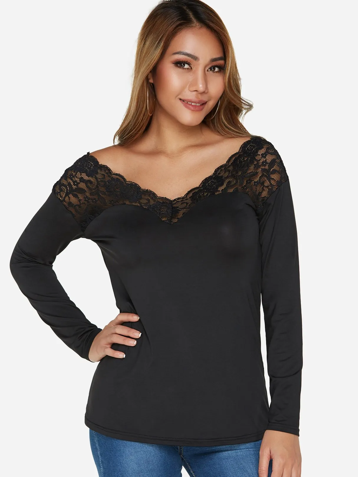 Custom V-Neck Plain Lace Long Sleeve Black T-Shirts