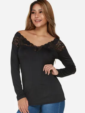 Custom V-Neck Plain Lace Long Sleeve Black T-Shirts