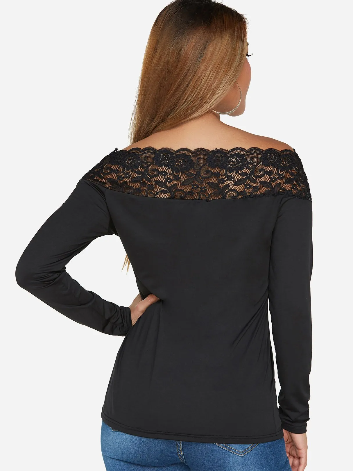 Custom V-Neck Plain Lace Long Sleeve Black T-Shirts