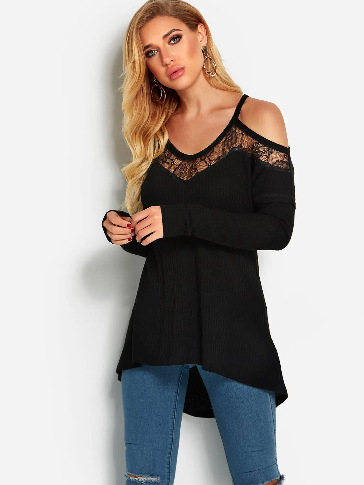 Custom V-Neck Plain Lace Long Sleeve Irregular Hem Black T-Shirts