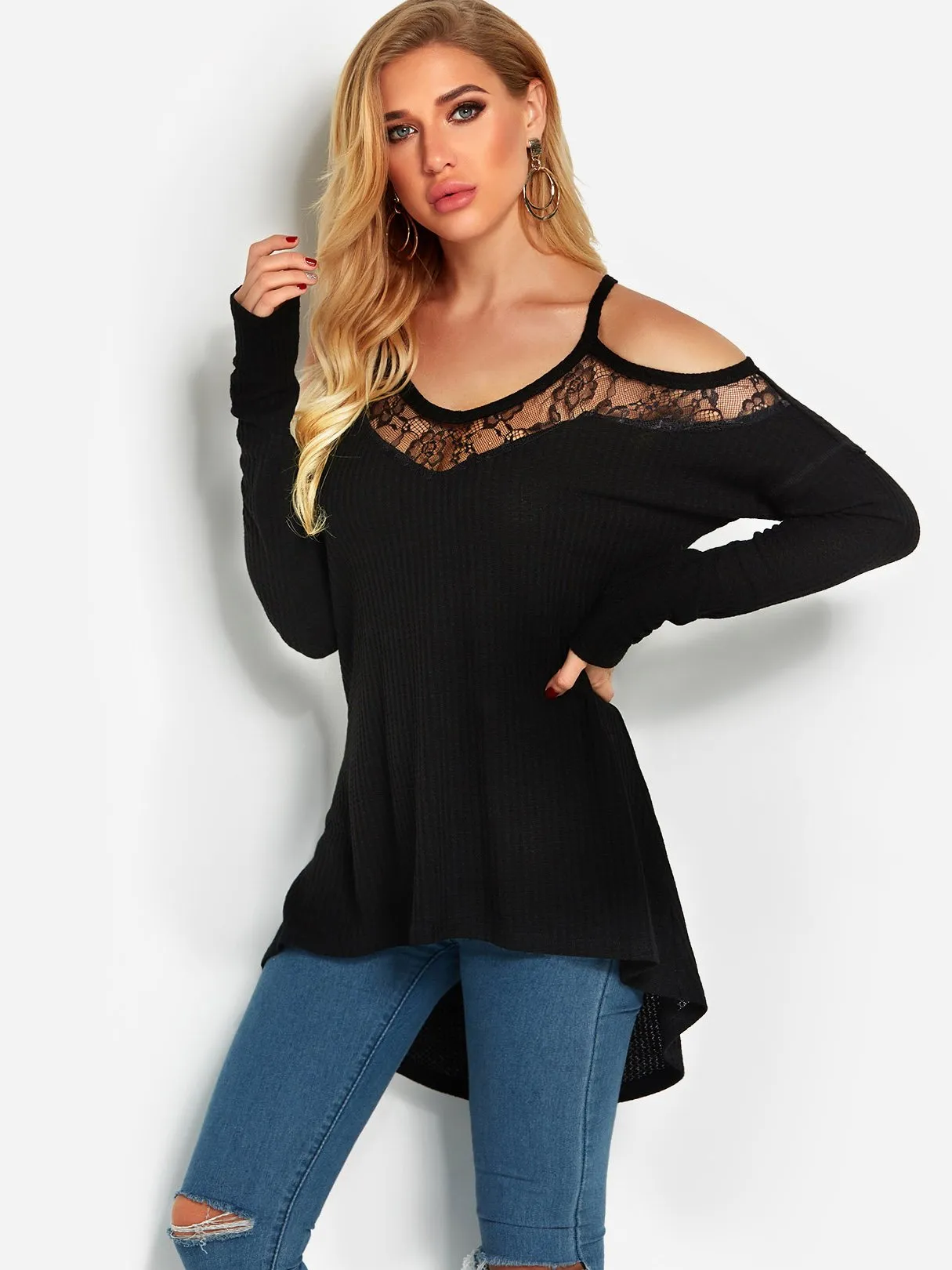 Custom V-Neck Plain Lace Long Sleeve Irregular Hem Black T-Shirts