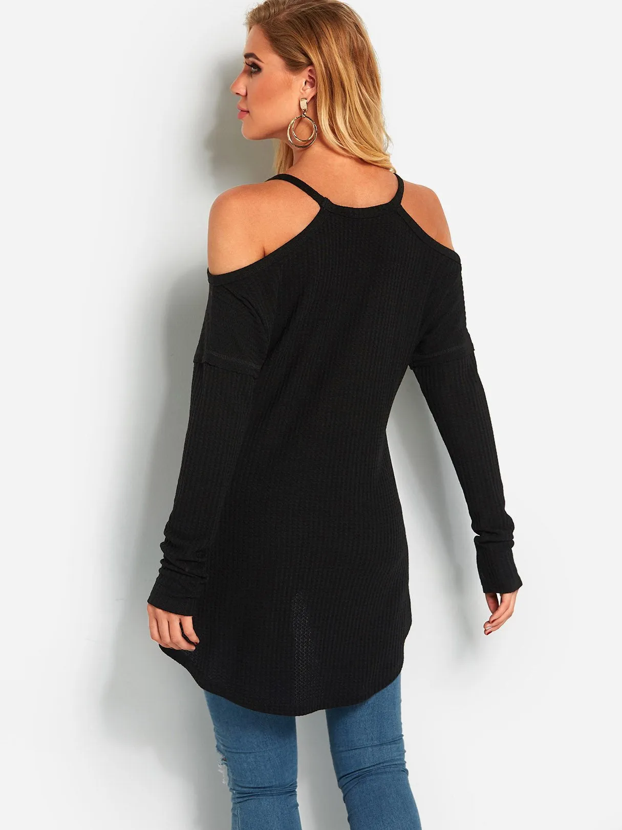 Custom V-Neck Plain Lace Long Sleeve Irregular Hem Black T-Shirts