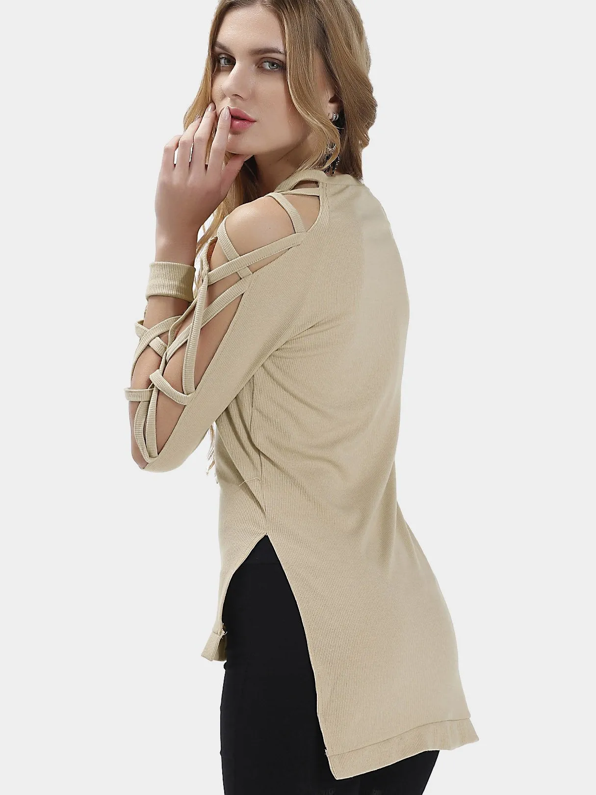 Custom V-Neck Plain Long Sleeve Beige Hollow Top with Slit Hem