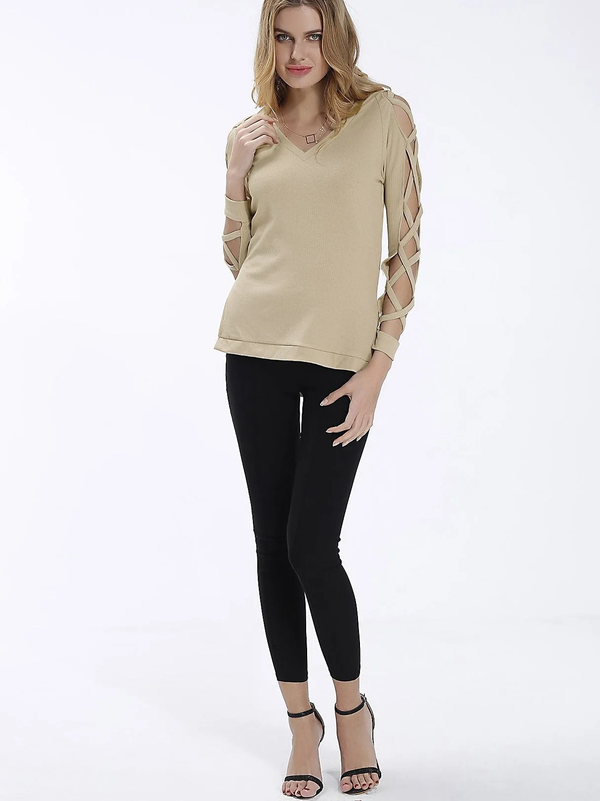 Custom V-Neck Plain Long Sleeve Beige Hollow Top with Slit Hem