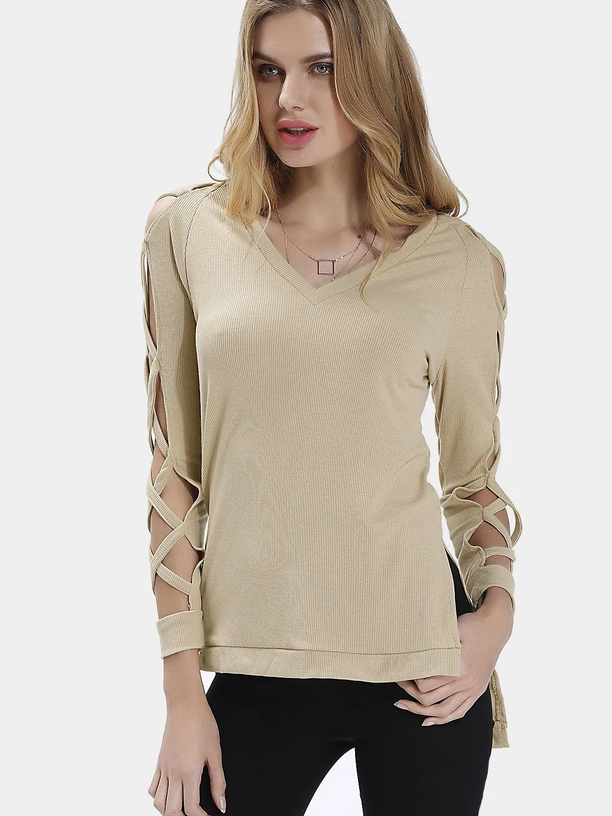 Custom V-Neck Plain Long Sleeve Beige Hollow Top with Slit Hem