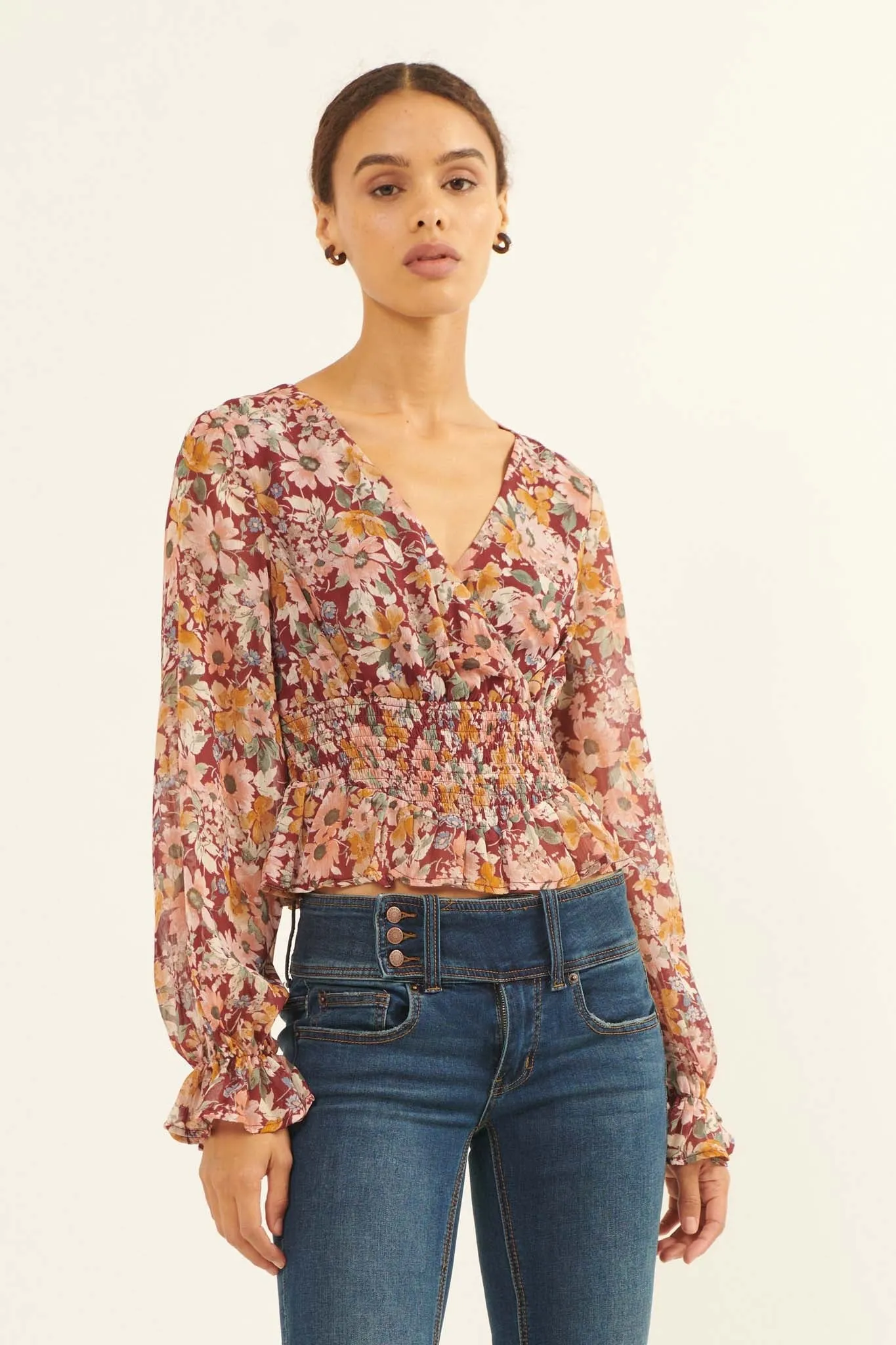 Days Go By Floral Chiffon Peasant Top