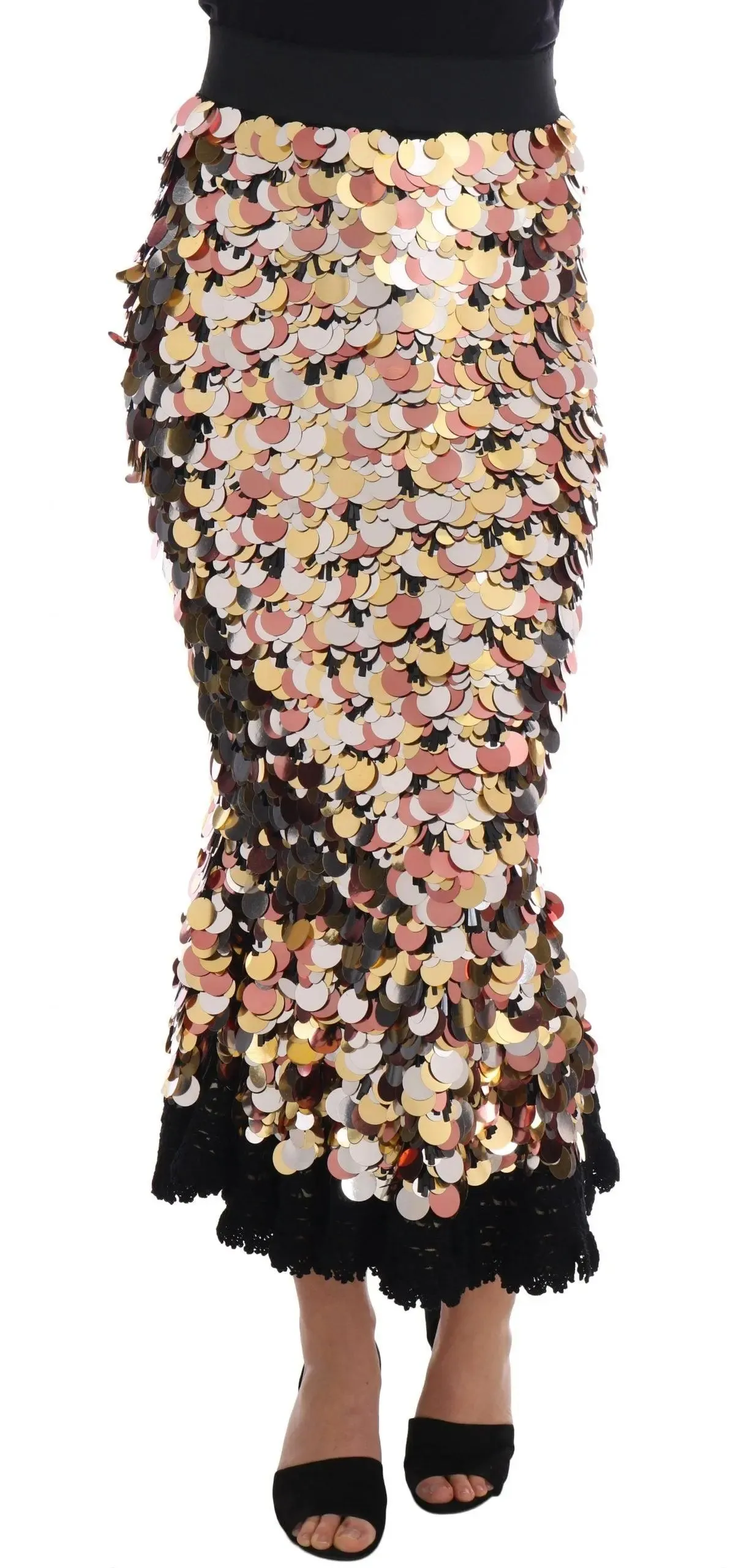 Dolce & Gabbana Gold Sequined Peplum High Waist Skirt