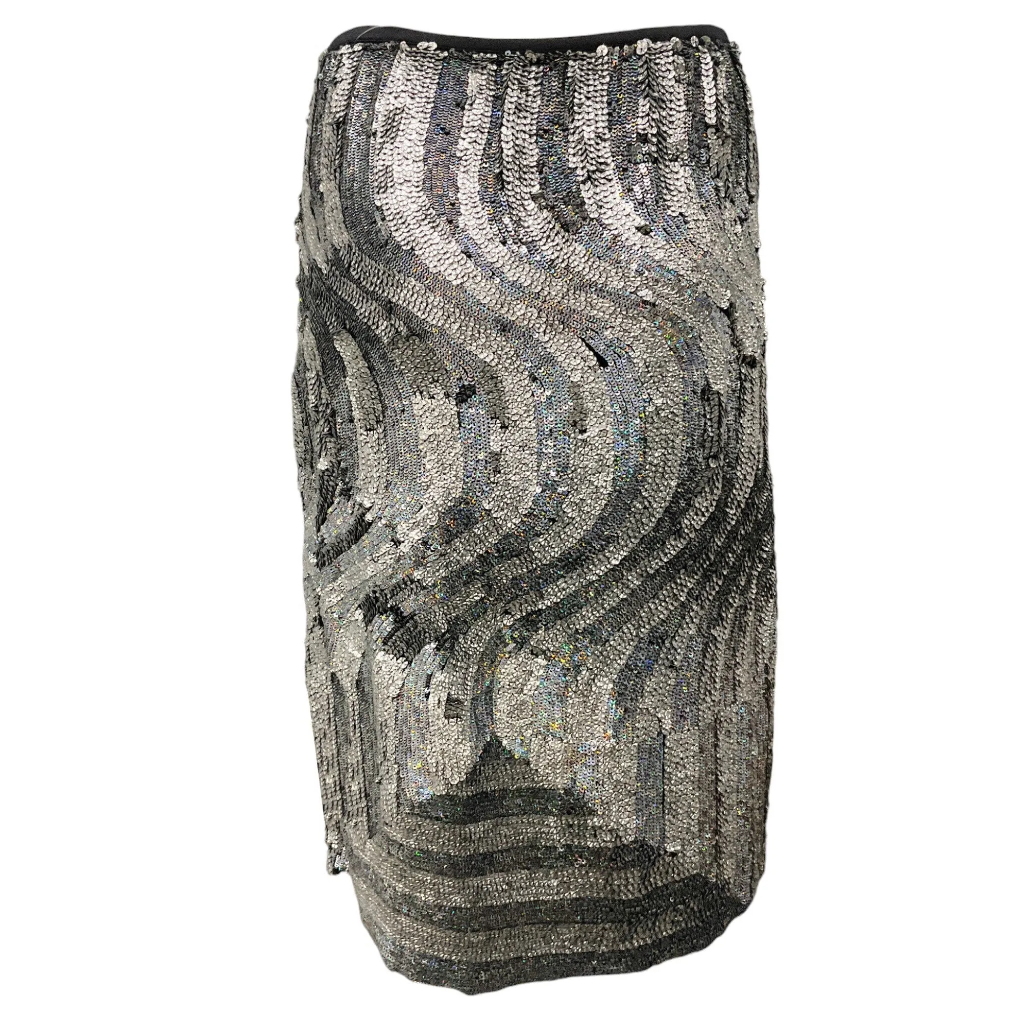 Dries Van Noten Silver Metallic Hologram Sequined Silk Skirt