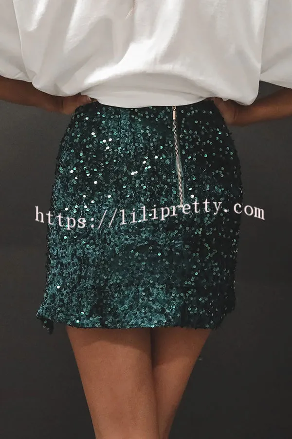 Eye Catching Sequined Back Zip High Slit Skirt