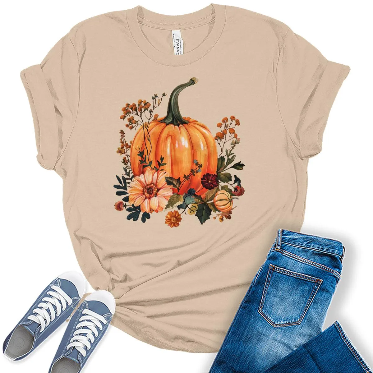 Fall Pumpkin Flowers Graphic Tees For Women