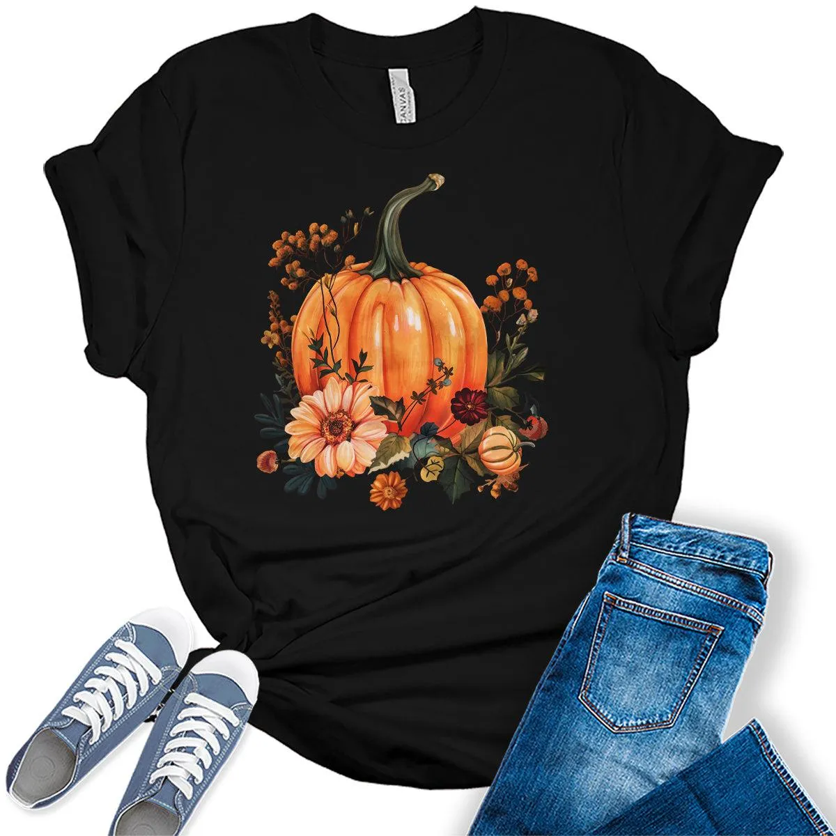 Fall Pumpkin Flowers Graphic Tees For Women