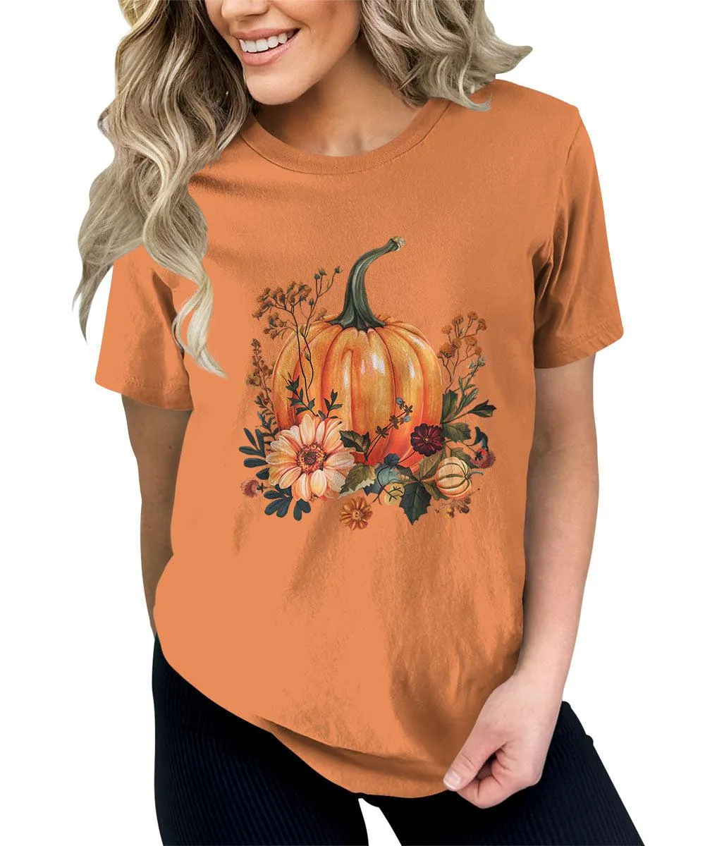 Fall Pumpkin Flowers Graphic Tees For Women