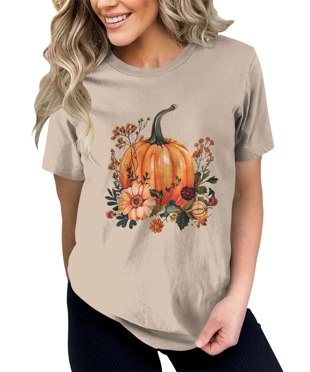 Fall Pumpkin Flowers Graphic Tees For Women